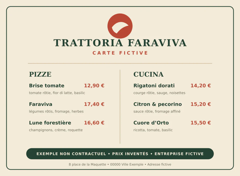 Carte fictive de démonstration de la Trattoria Faraviva