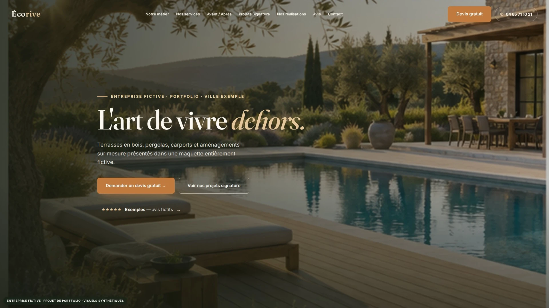 Accueil du concept Écorive Extérieurs : jardin paysager et navigation du site