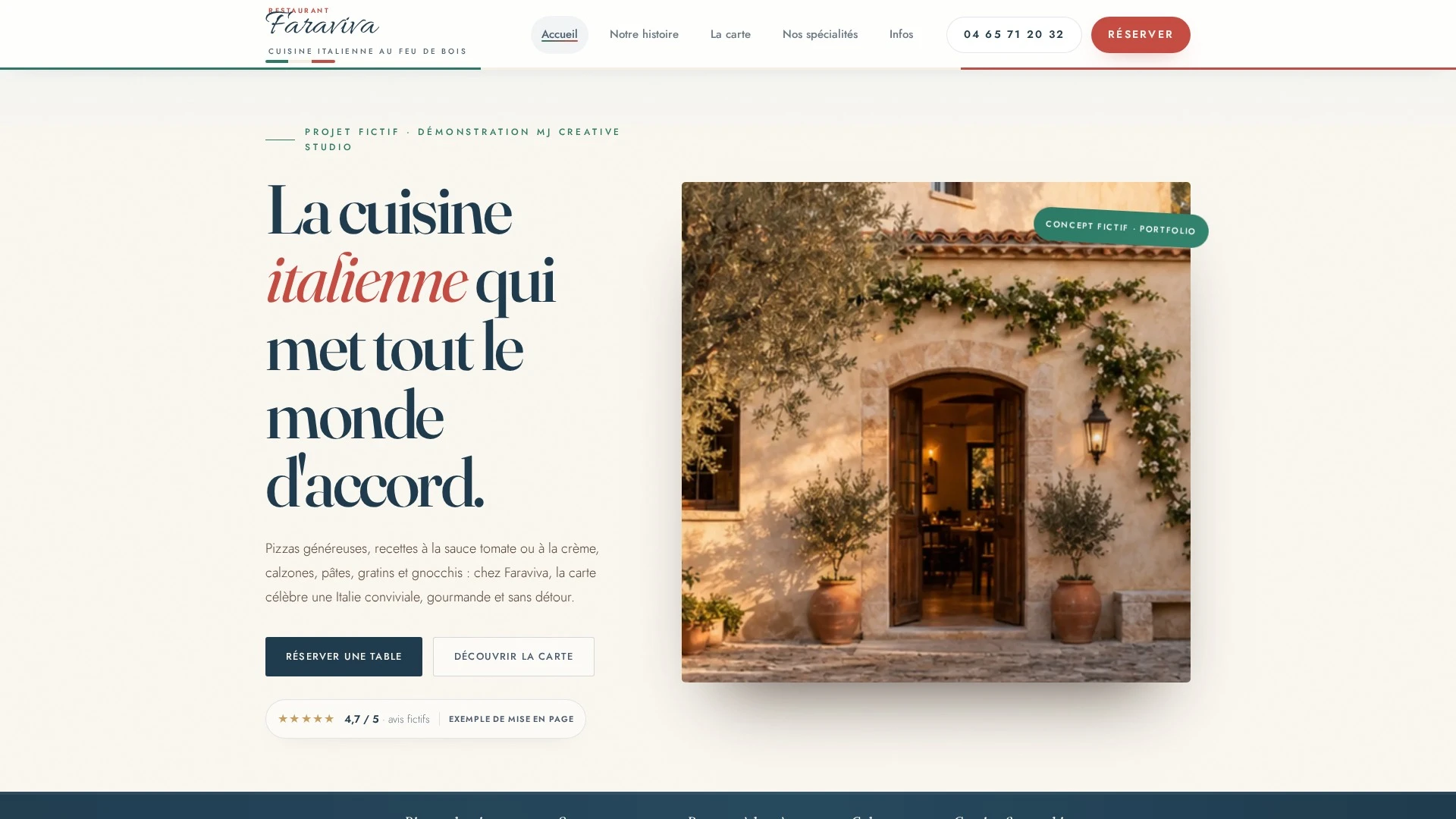 Accueil du concept Trattoria Faraviva : restaurant italien et navigation du site