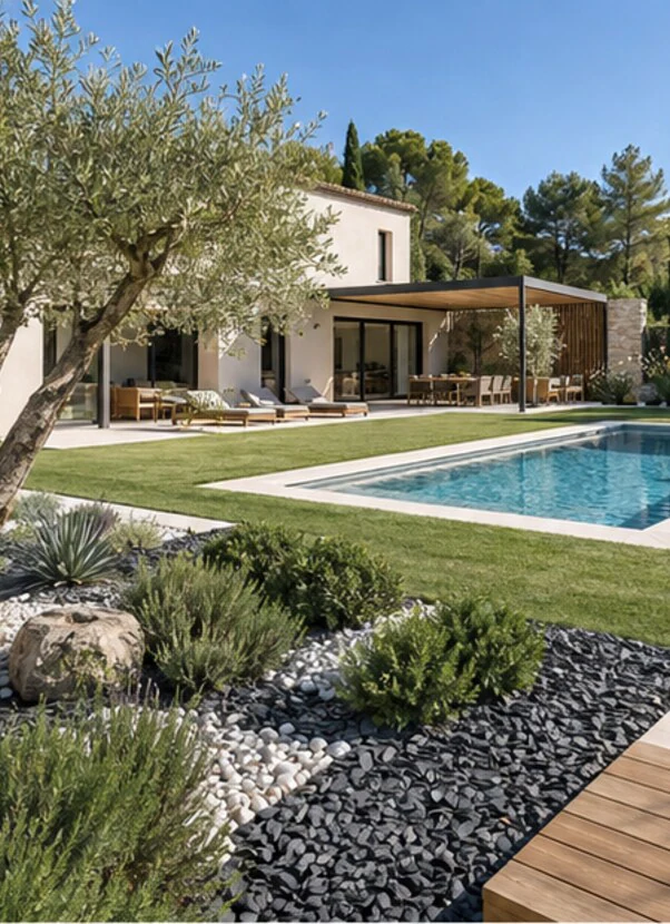 Vue générale du jardin et de la piscine