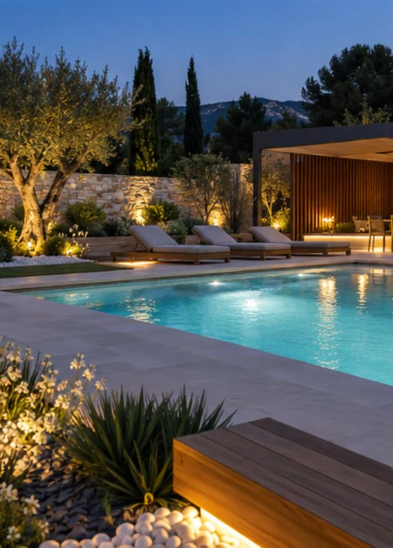 Piscine et pelouse structurée