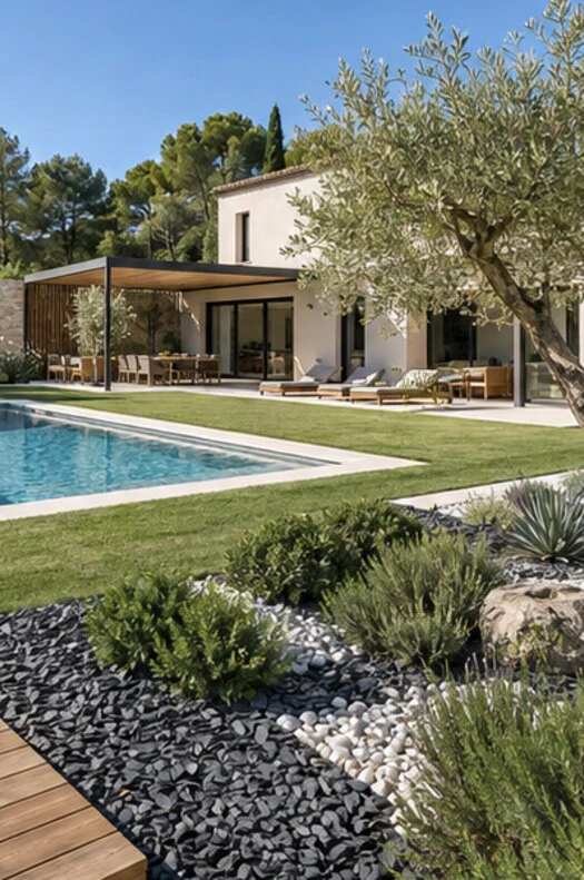 Pelouse et plantations autour de la piscine