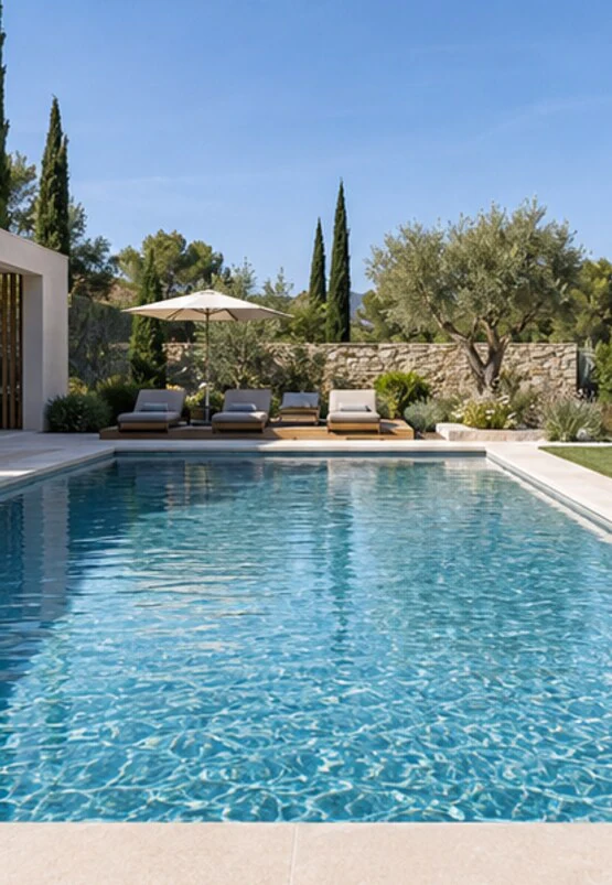 Vue d'ensemble de la pelouse et de la piscine