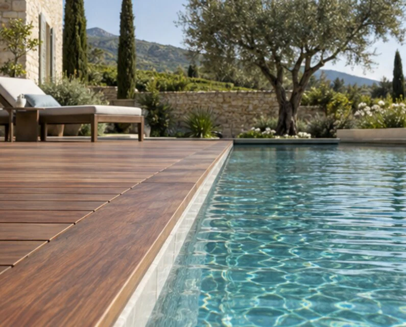 Terrasses en bois exotique autour d'une piscine