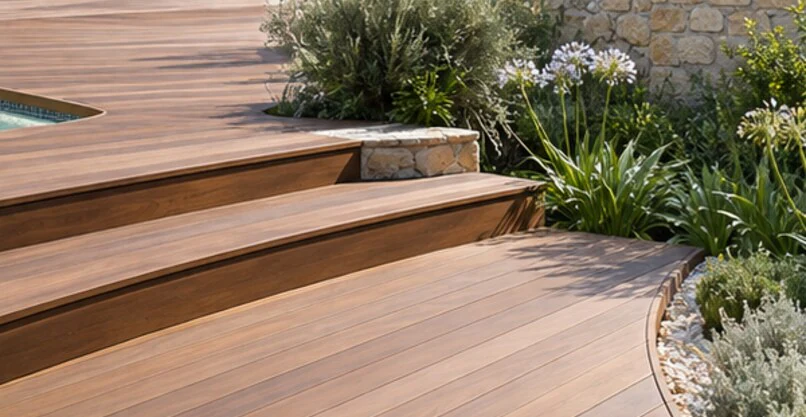 Terrasse complète en bois exotique autour d’une piscine