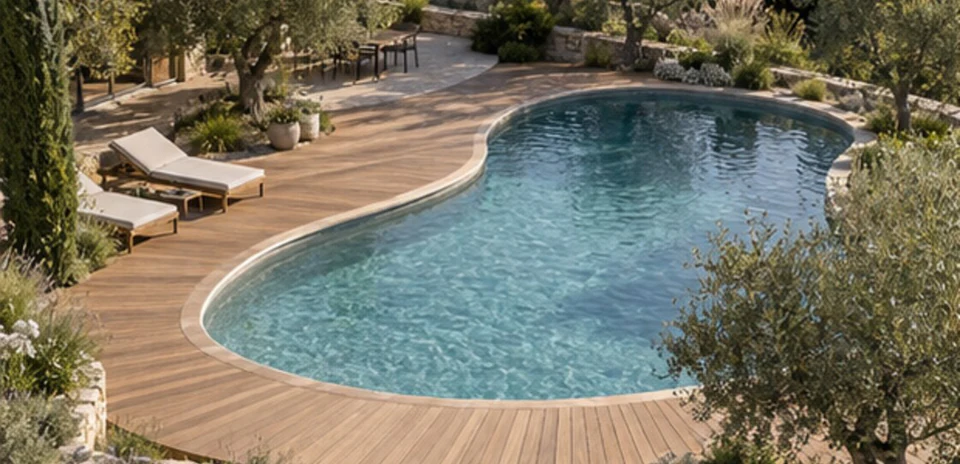 Terrasse bois sur mesure autour d’une piscine