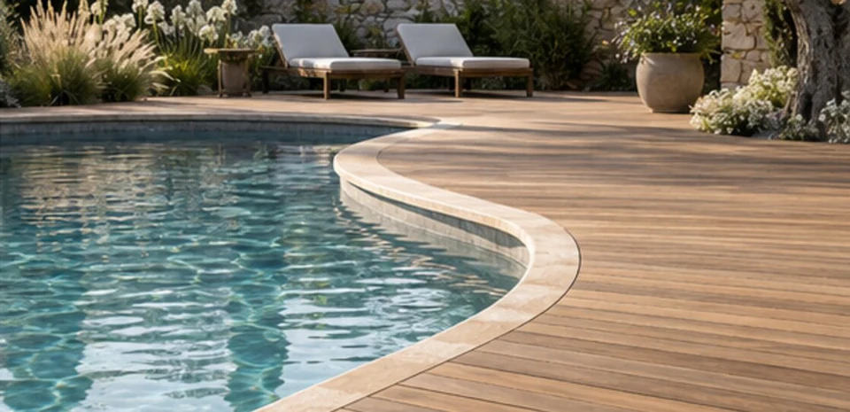 Terrasse bois sur mesure autour d’une piscine