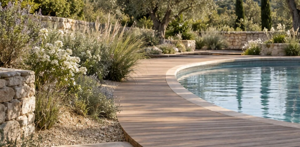 Terrasse bois sur mesure autour d’une piscine
