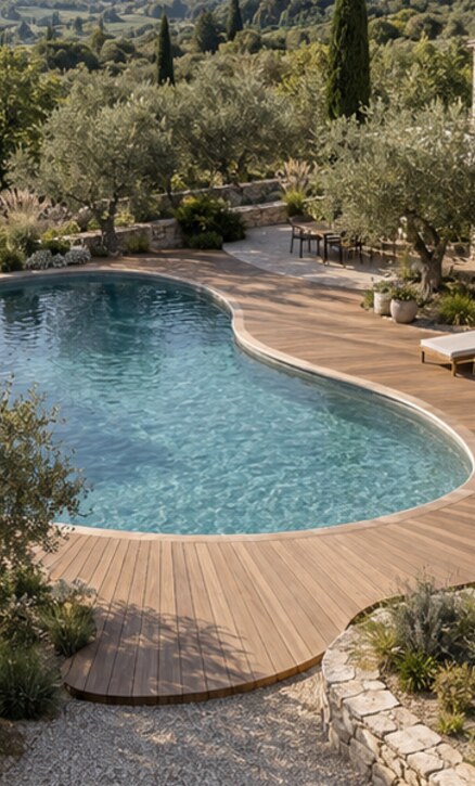 Terrasse bois sur mesure autour d’une piscine