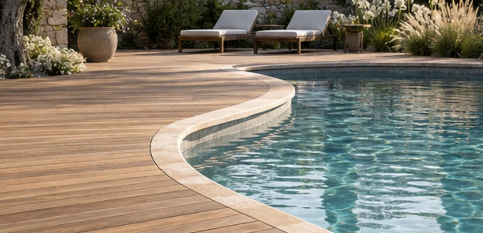 Terrasse bois courbe sur mesure autour d’une piscine