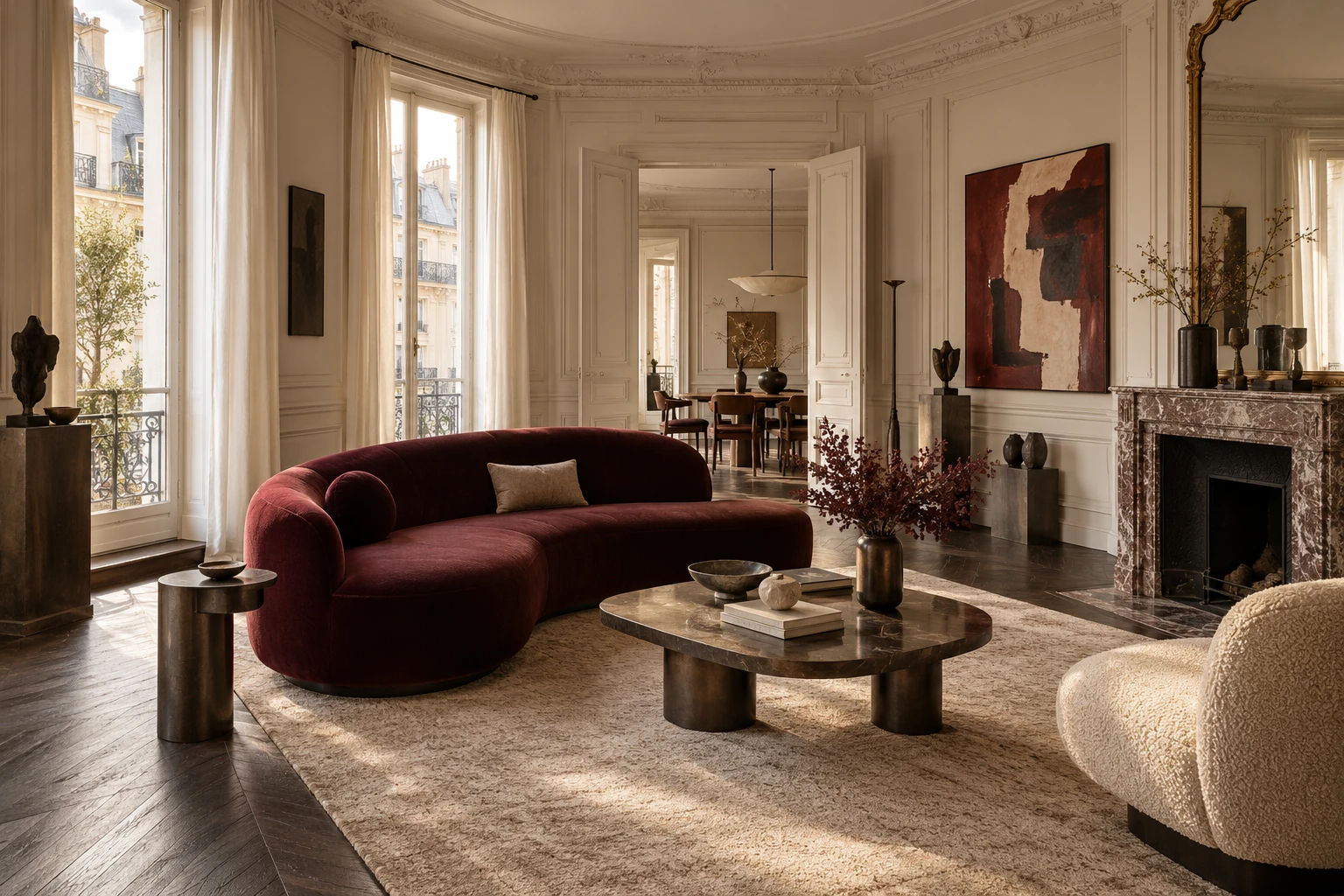Appartement fictif avec moulures, canapé bordeaux et parquet en chêne sombre