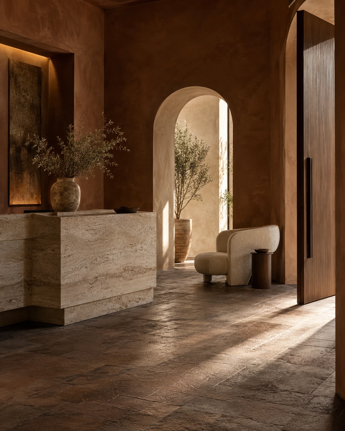 Hall imaginaire en enduit sienna, avec comptoir en travertin et ouverture en arche