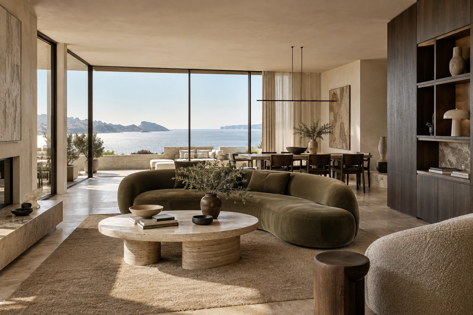 Penthouse face à la mer, canapé olive et bibliothèque en chêne fumé