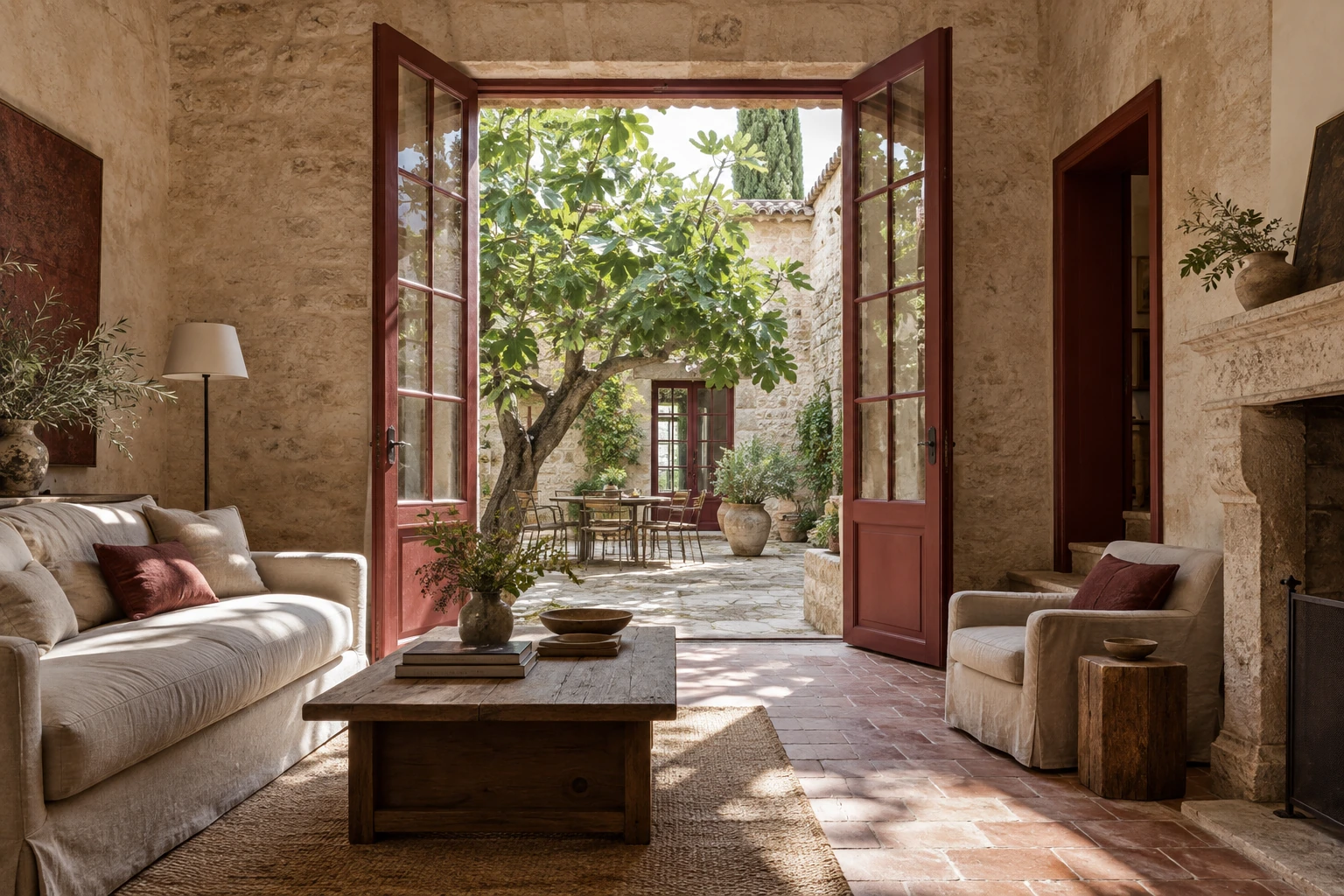 Maison provençale ouverte sur une cour et son figuier, menuiseries rouge brun