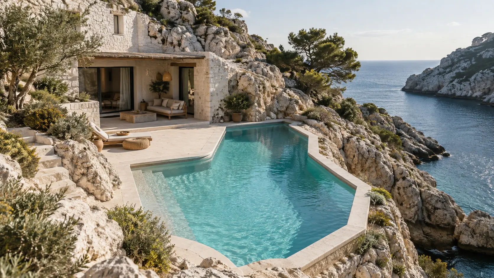 Piscine angulaire intégrée dans une calanque rocheuse