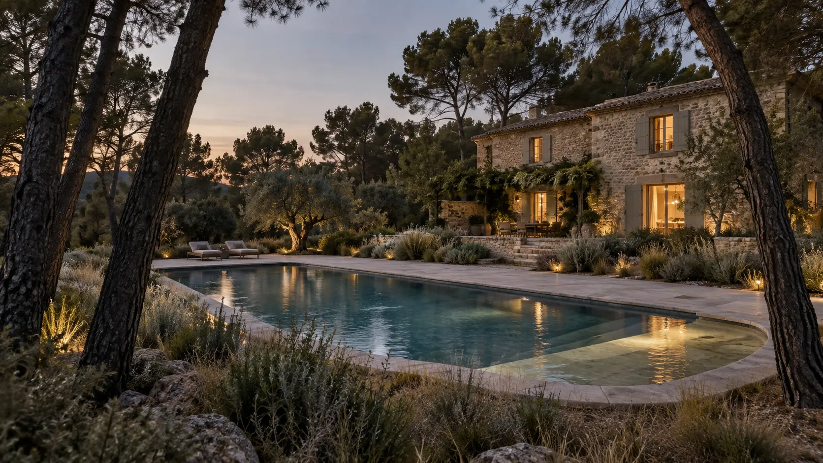 Piscine naturelle devant un mas provençal entouré de pins