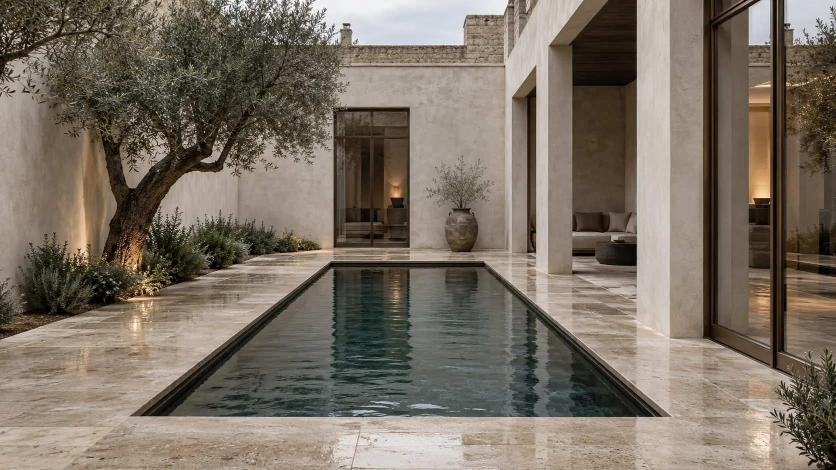 Bassin sombre dans le patio minéral d’une maison contemporaine